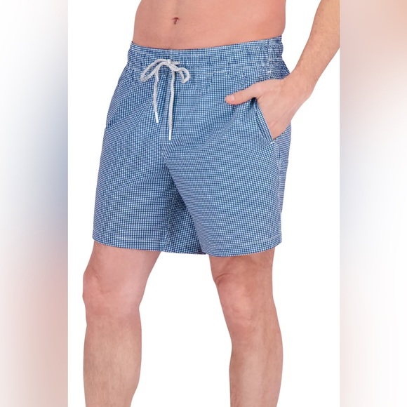 Rainforest Gingham Seersucker 7” Swim Trunks Blue White Men’s Medium NWT - Picture 4 of 7